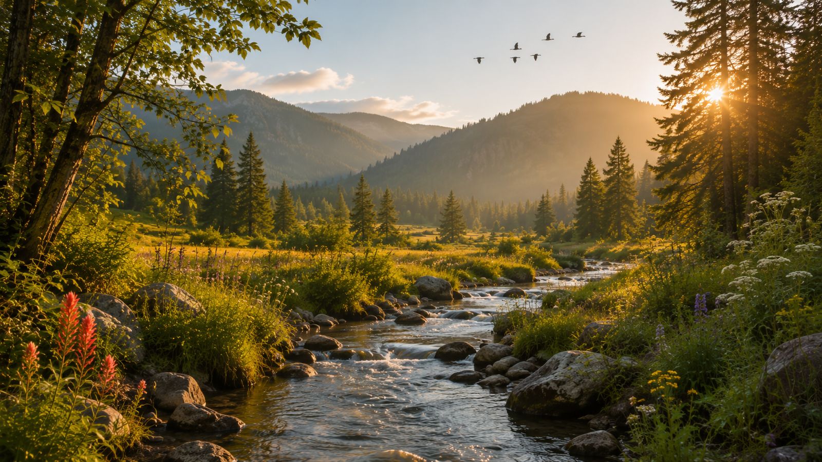 A mountain meadow at low sun: wildflowers, a stream running through rocks, forested ridges behind, and birds crossing the sky.